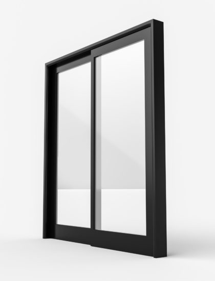 Black sliding door in the shop or windows. Background for banner. Advertising. Modern construction technologies 3d illustration.